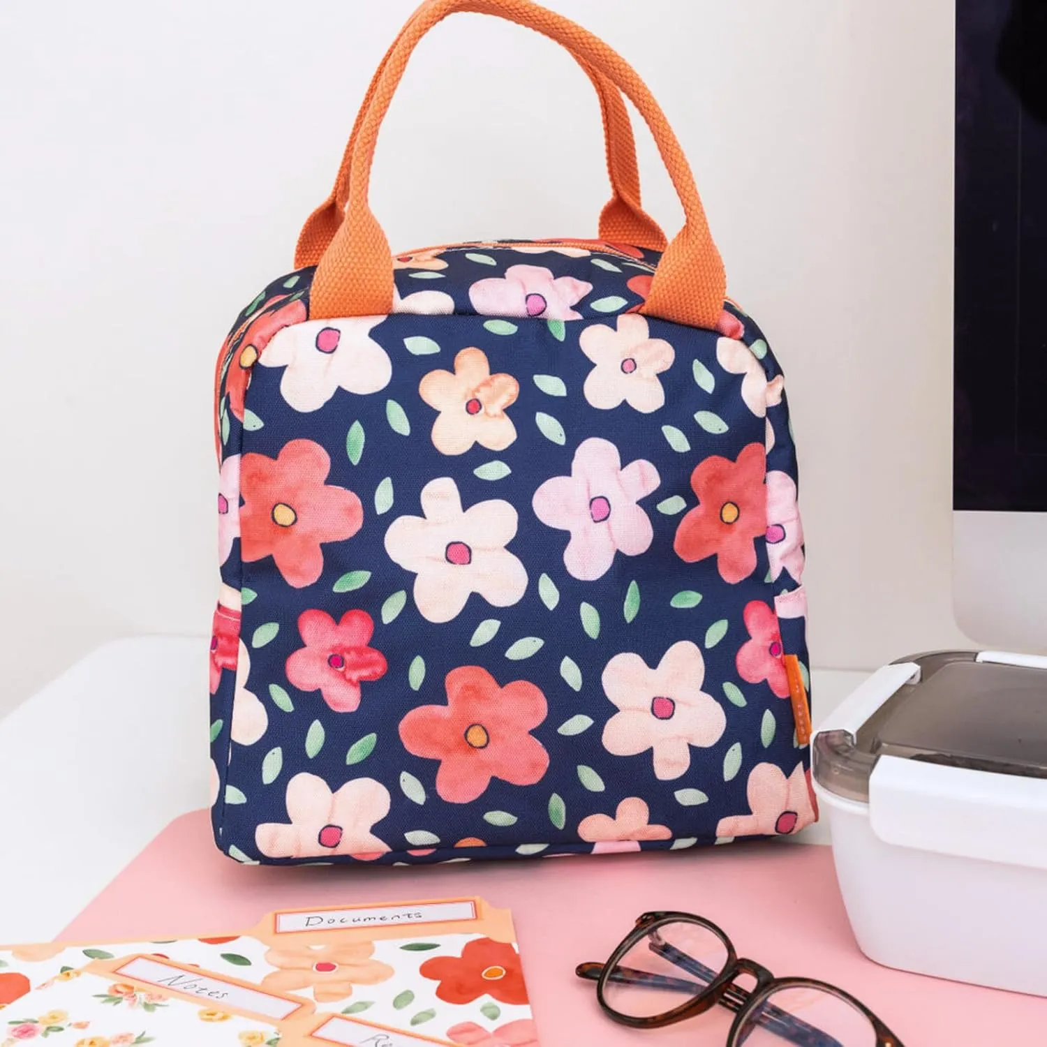 Steel Mill & Co Insulated Lunch Tote Bag for Women, Large Capacity Cooler Lunch Box, Cute Lunch Bag for Adults, Mini Cooler with Zipper Closure, Pockets, and Sturdy Handles (Navy Bold Floral)