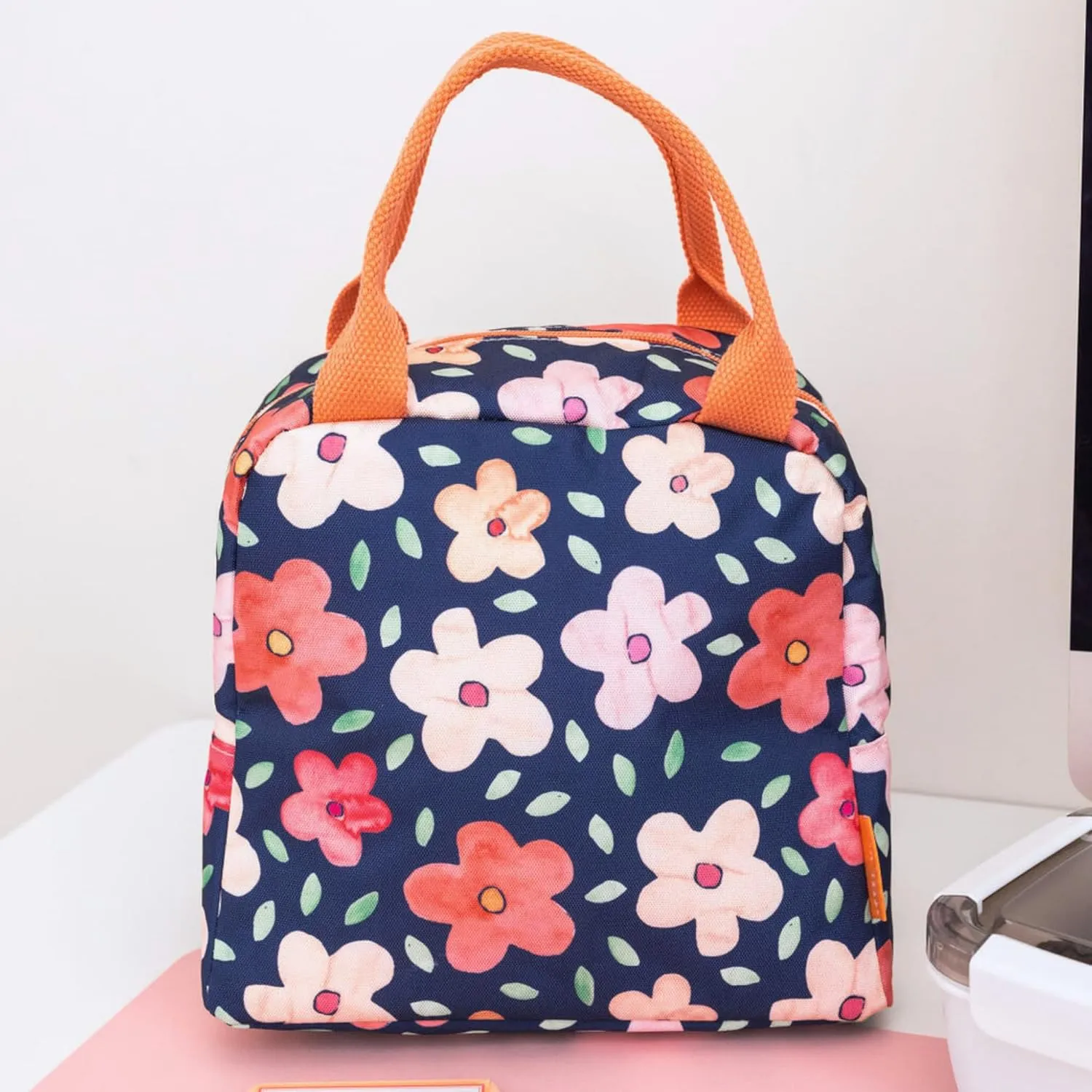 Steel Mill & Co Insulated Lunch Tote Bag for Women, Large Capacity Cooler Lunch Box, Cute Lunch Bag for Adults, Mini Cooler with Zipper Closure, Pockets, and Sturdy Handles (Navy Bold Floral)