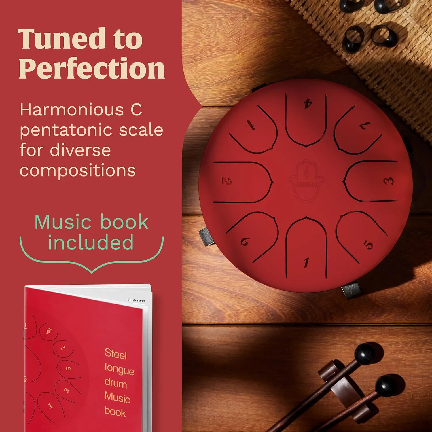 Steel Tongue Drum 6 Inches, 8 Notes Steel Drum   Unique Stand, Drum Sticks, Finger-Picks, Bag, Beginners Friendly & Adults | Spiritual Musical Instruments. (Red - with Stand)