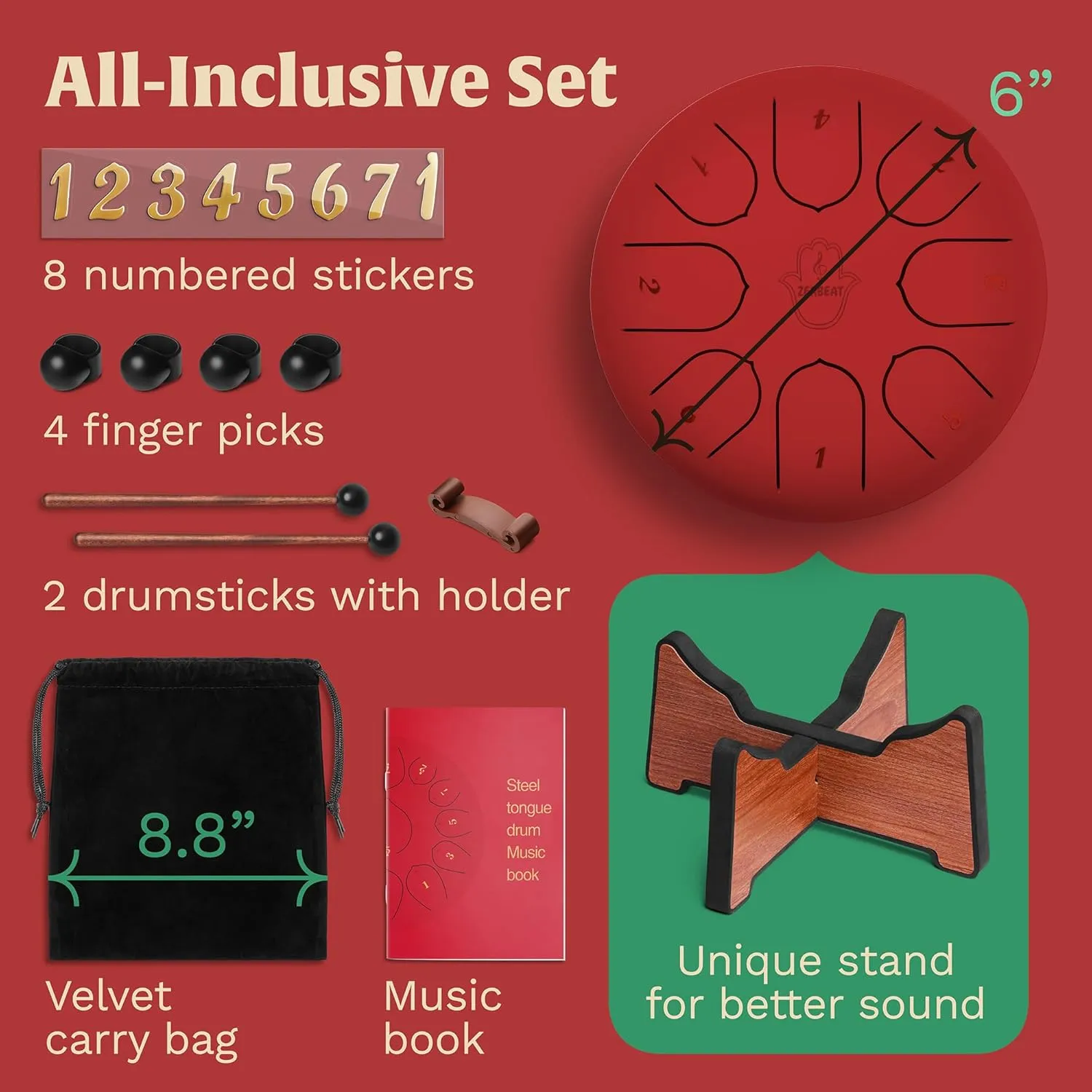 Steel Tongue Drum 6 Inches, 8 Notes Steel Drum   Unique Stand, Drum Sticks, Finger-Picks, Bag, Beginners Friendly & Adults | Spiritual Musical Instruments. (Red - with Stand)