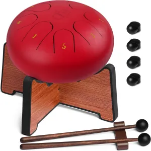 Steel Tongue Drum 6 Inches, 8 Notes Steel Drum   Unique Stand, Drum Sticks, Finger-Picks, Bag, Beginners Friendly & Adults | Spiritual Musical Instruments. (Red - with Stand)