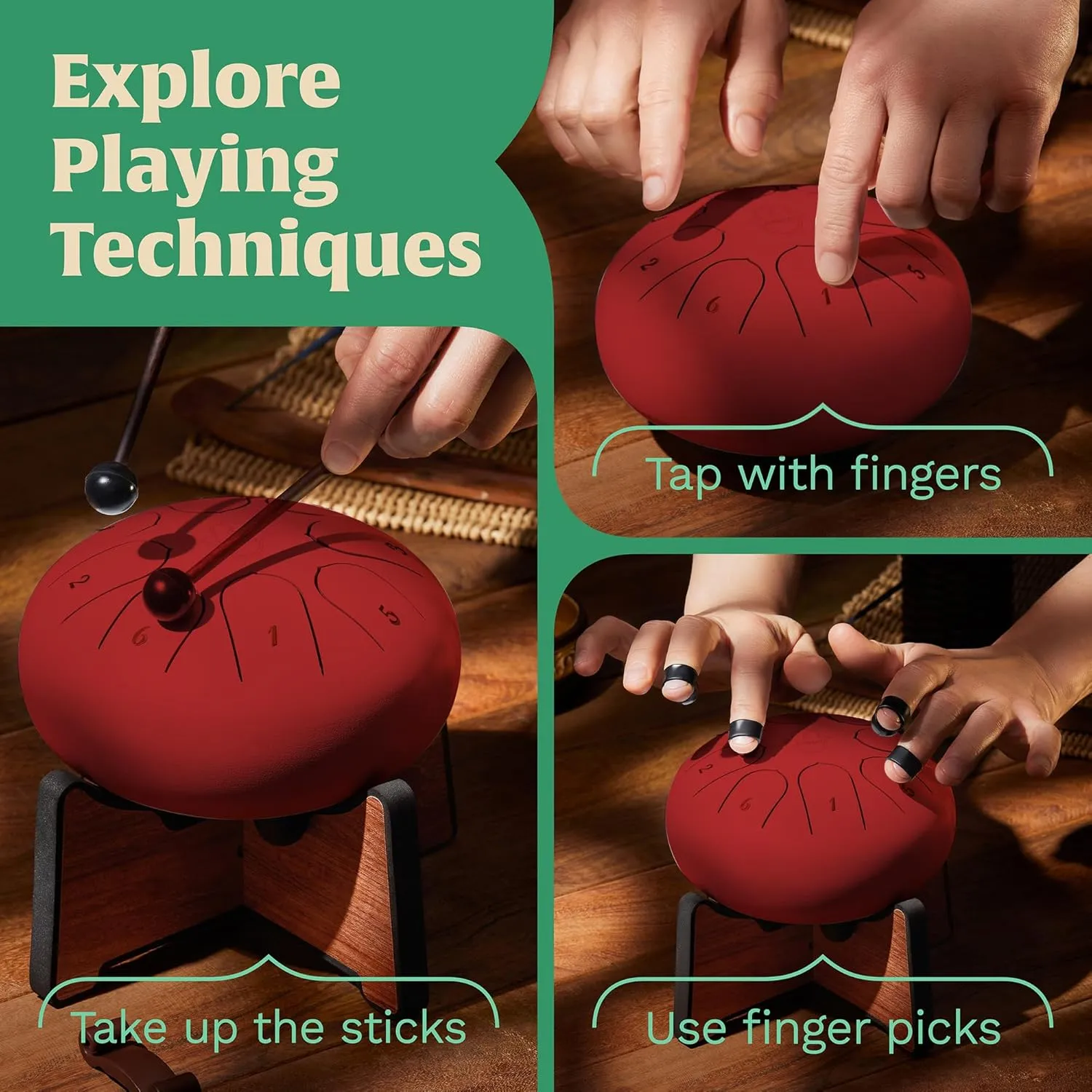 Steel Tongue Drum 6 Inches, 8 Notes Steel Drum   Unique Stand, Drum Sticks, Finger-Picks, Bag, Beginners Friendly & Adults | Spiritual Musical Instruments. (Red - with Stand)