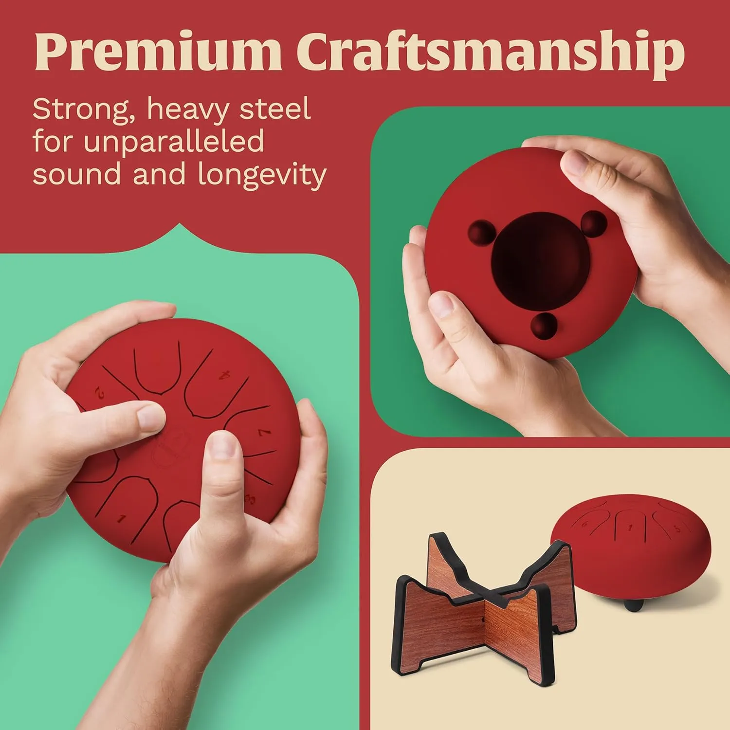 Steel Tongue Drum 6 Inches, 8 Notes Steel Drum   Unique Stand, Drum Sticks, Finger-Picks, Bag, Beginners Friendly & Adults | Spiritual Musical Instruments. (Red - with Stand)