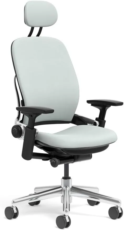 Steelcase Leap Task Chair: Polished Aluminum Base - 4D Adjustable Arms - Headrest - Hard Floor Casters
