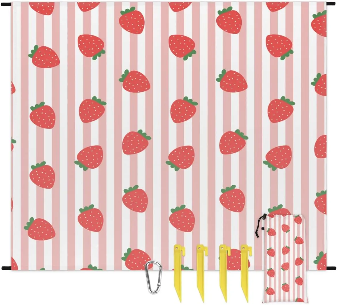 Strawberry Strip Lightweight Beach Blanket Waterproof Sandproof 59"X68" Sand Free Beach Mat with 4 Stakes Compact Outdoor Blanket for Beach Quick Drying Picnic Mat for Travel Camping