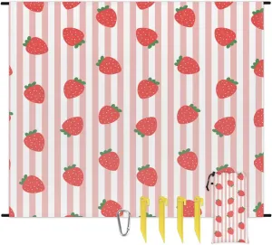 Strawberry Strip Lightweight Beach Blanket Waterproof Sandproof 59"X68" Sand Free Beach Mat with 4 Stakes Compact Outdoor Blanket for Beach Quick Drying Picnic Mat for Travel Camping