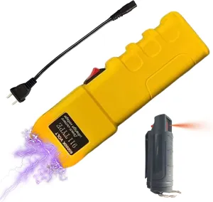 Stun Gun and Pepper Spray Combo with Plug Charger Bright Yellow Safety Kit Rechargeable Self Defense Tool for Women Men with Keychain Clip Spray