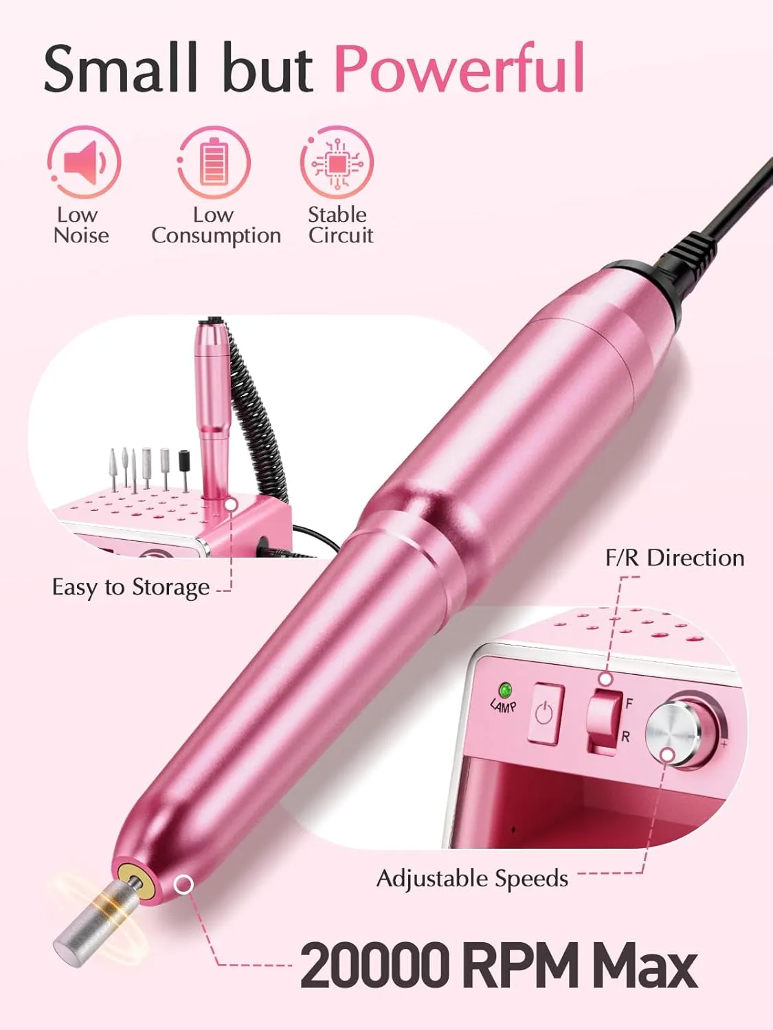 Subay Nail Drill Machine Electric File, Portable for Acrylic Gel Dip Powder Nails, Nail Drill Kit for Manicure Pedicure, Nail Set with Everything, Purple Pink