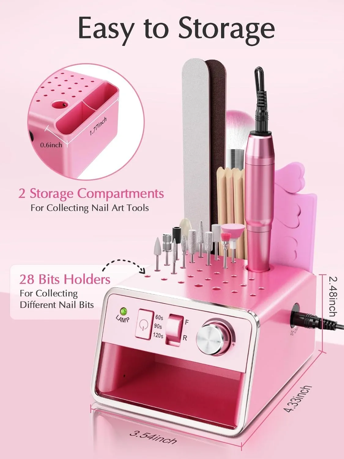 Subay Nail Drill Machine Electric File, Portable for Acrylic Gel Dip Powder Nails, Nail Drill Kit for Manicure Pedicure, Nail Set with Everything, Purple Pink