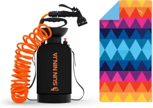 SUN NINJA Portable Shower Bundle with Microfiber Beach Towel, Multi-Spray Shower Head, Neoprene Cover Keeps Water Warm, Quick-Dry & Sand-Free Towel, Complete Outdoor Cleaning Kit