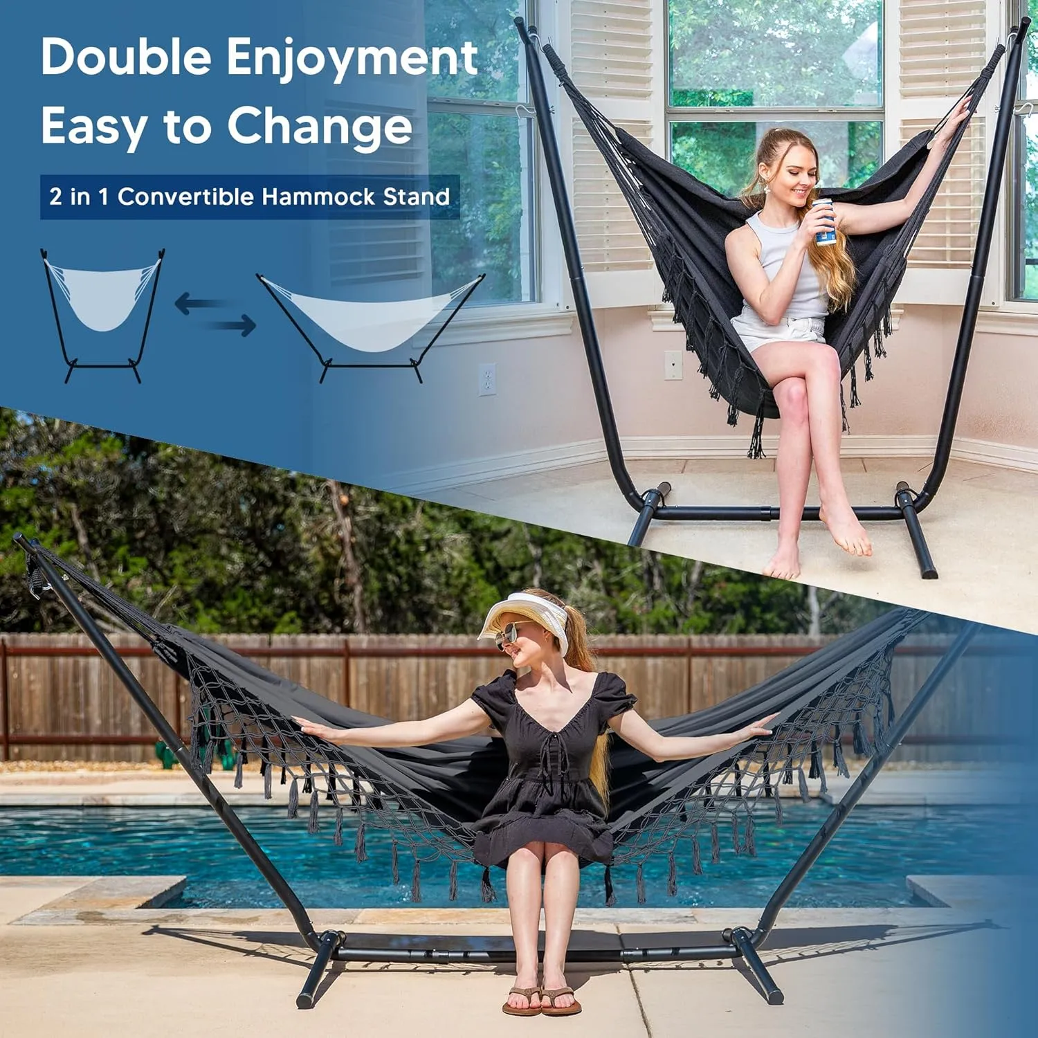 SUNCREAT 2-in-1 Hammocks Convertible Portable Double Hammock with Stand Included, Outdoor Hammock and Stand, Patent Pending, Dark Grey with Tassel