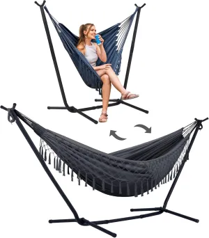 SUNCREAT 2-in-1 Hammocks Convertible Portable Double Hammock with Stand Included, Outdoor Hammock and Stand, Patent Pending, Dark Grey with Tassel