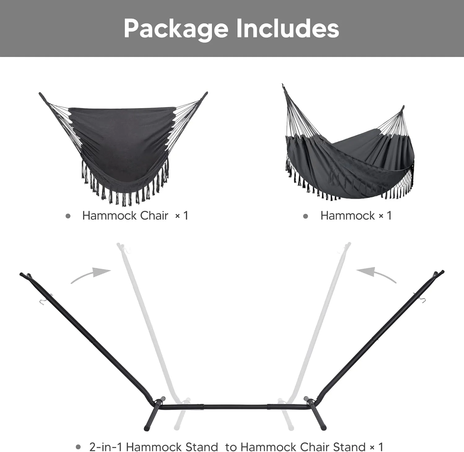 SUNCREAT 2-in-1 Hammocks Convertible Portable Double Hammock with Stand Included, Outdoor Hammock and Stand, Patent Pending, Dark Grey with Tassel