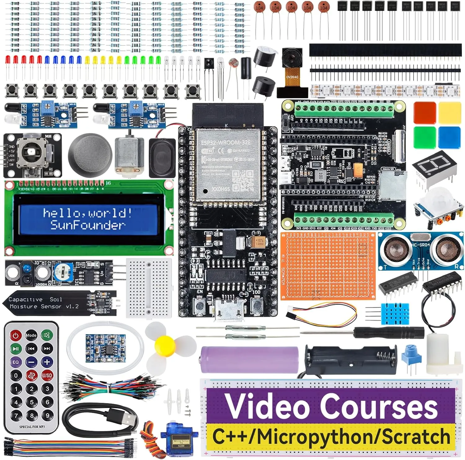 SunFounder ESP32 Ultimate Starter Kit (Compatible with Arduino) ESP32CAM, RoHS Compliant, Python C Scratch, Video Courses, IoT for Beginners Engineers, ESP32-WROOM-32E Board & Battery Included
