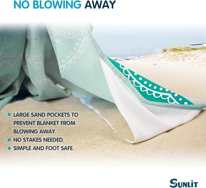 Sunlit Silky Soft 85"x72" Boho Sand Proof Beach Blanket Sand Proof Mat with Corner Pockets and Mesh Bag for Beach Party, Travel, Camping and Outdoor Music Festival, Bright Turquoise Mandala