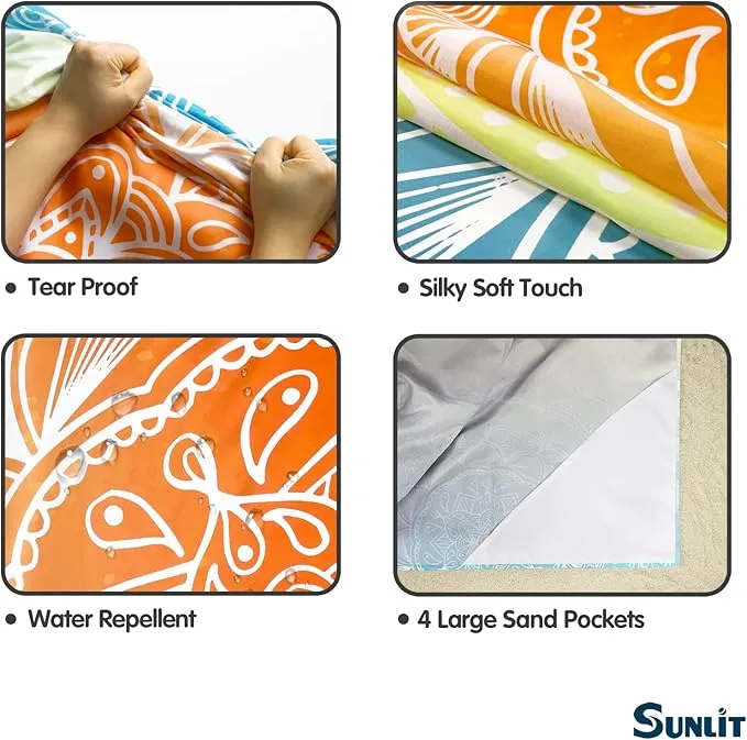 Sunlit Silky Soft 85"x72" Boho Sand Proof Beach Blanket Sand Proof Mat with Corner Pockets and Mesh Bag for Beach Party, Travel, Camping and Outdoor Music Festival, Light Orange and Sky Blue Mandala