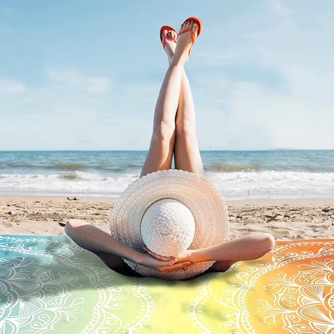 Sunlit Silky Soft 85"x72" Boho Sand Proof Beach Blanket Sand Proof Mat with Corner Pockets and Mesh Bag for Beach Party, Travel, Camping and Outdoor Music Festival, Light Orange and Sky Blue Mandala