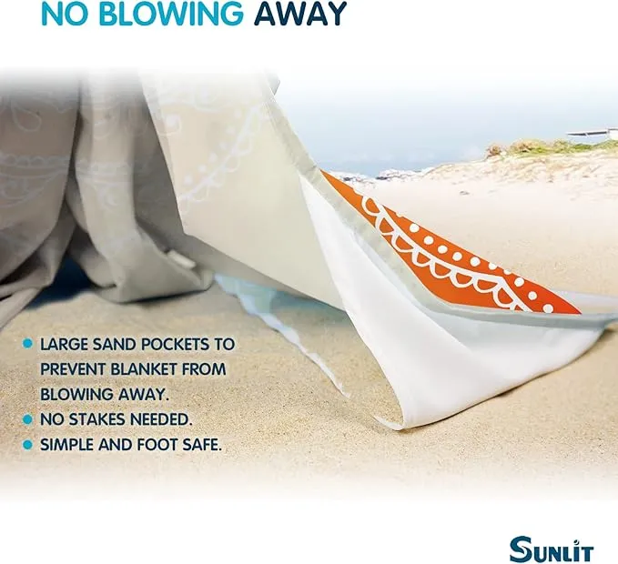 Sunlit Silky Soft 85"x72" Boho Sand Proof Beach Blanket Sand Proof Mat with Corner Pockets and Mesh Bag for Beach Party, Travel, Camping and Outdoor Music Festival, Light Orange and Sky Blue Mandala