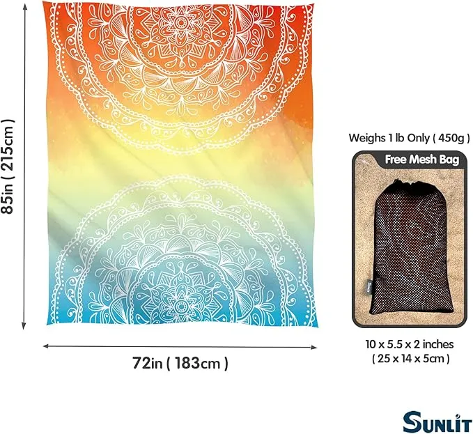 Sunlit Silky Soft 85"x72" Boho Sand Proof Beach Blanket Sand Proof Mat with Corner Pockets and Mesh Bag for Beach Party, Travel, Camping and Outdoor Music Festival, Light Orange and Sky Blue Mandala