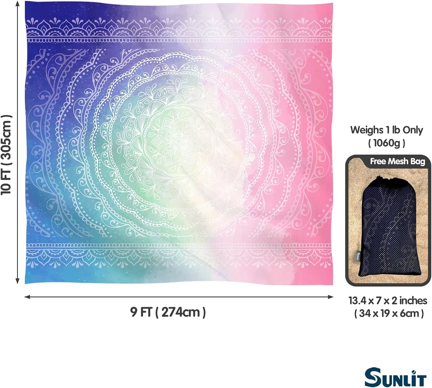 Sunlit Silky Soft Sand Proof Beach Blanket 106"x81" / 85"x72" Sand Proof Mat with Corner Pockets and Mesh Bag for Beach Party, Travel, Camping and Outdoor Music Festival, Mandala