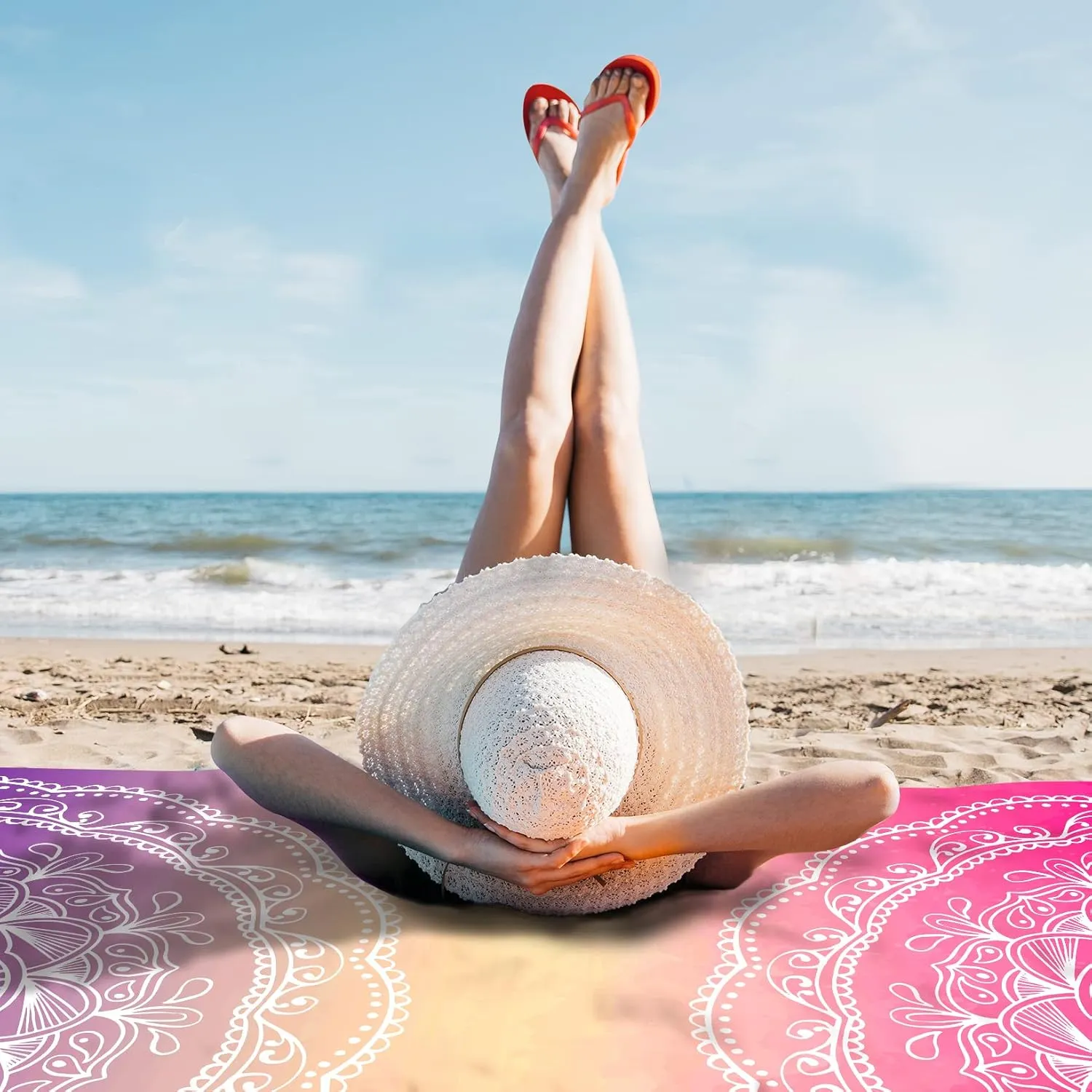 Sunlit Silky Soft Sand Proof Beach Blanket 106"x81" / 85"x72" Sand Proof Mat with Corner Pockets and Mesh Bag for Beach Party, Travel, Camping and Outdoor Music Festival, Mandala