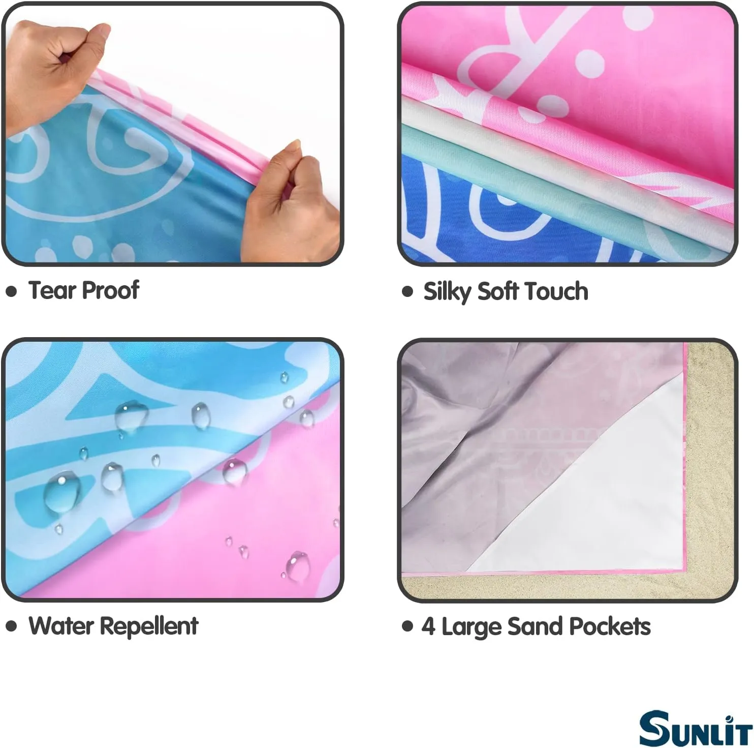 Sunlit Silky Soft Sand Proof Beach Blanket 106"x81" / 85"x72" Sand Proof Mat with Corner Pockets and Mesh Bag for Beach Party, Travel, Camping and Outdoor Music Festival, Mandala
