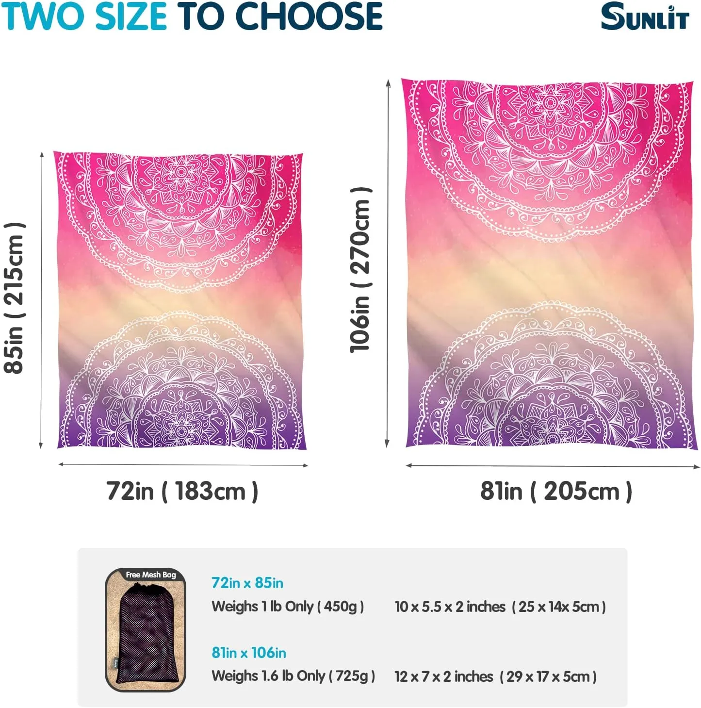 Sunlit Silky Soft Sand Proof Beach Blanket 106"x81" / 85"x72" Sand Proof Mat with Corner Pockets and Mesh Bag for Beach Party, Travel, Camping and Outdoor Music Festival, Mandala