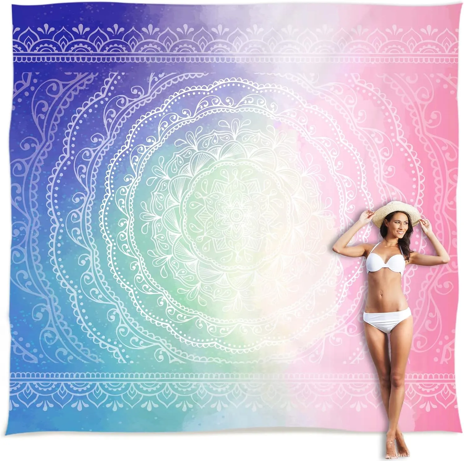 Sunlit Silky Soft Sand Proof Beach Blanket 106"x81" / 85"x72" Sand Proof Mat with Corner Pockets and Mesh Bag for Beach Party, Travel, Camping and Outdoor Music Festival, Mandala