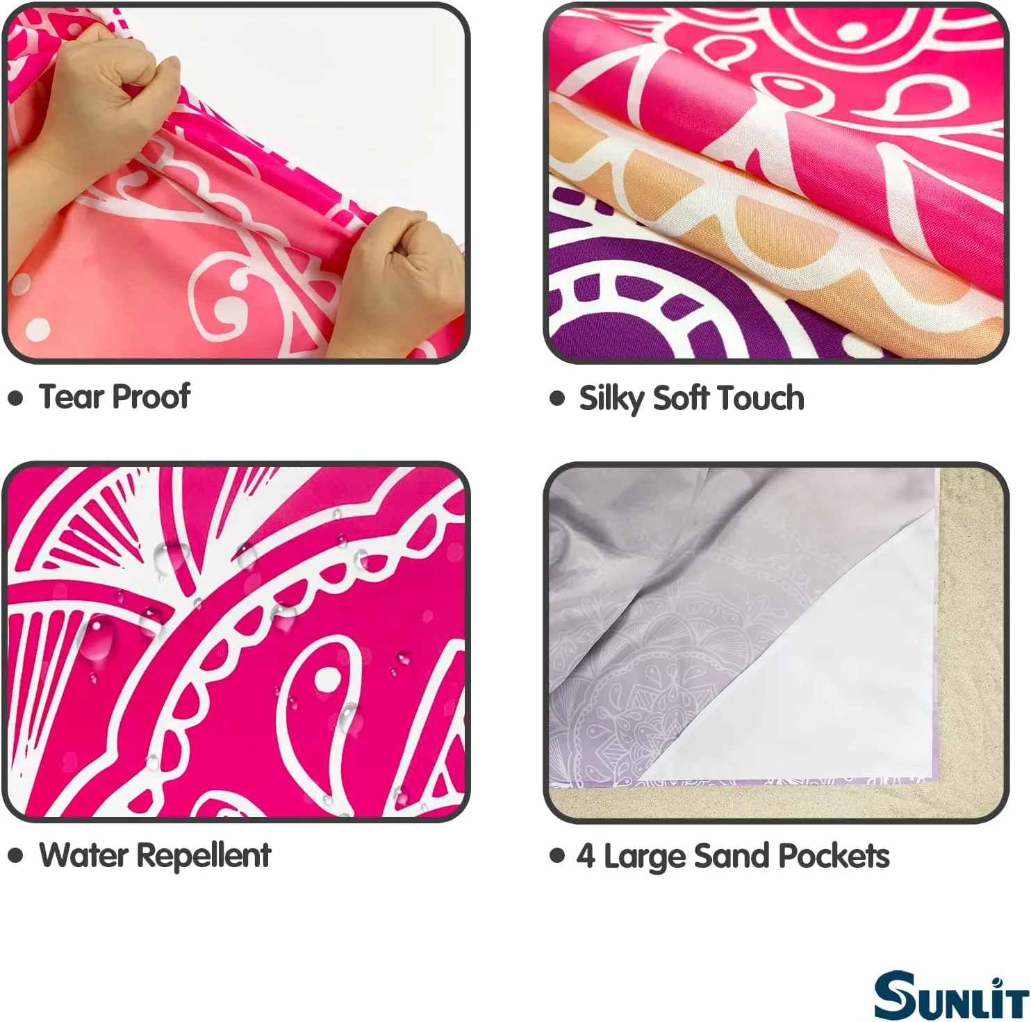Sunlit Silky Soft Sand Proof Beach Blanket 106"x81" / 85"x72" Sand Proof Mat with Corner Pockets and Mesh Bag for Beach Party, Travel, Camping and Outdoor Music Festival, Mandala