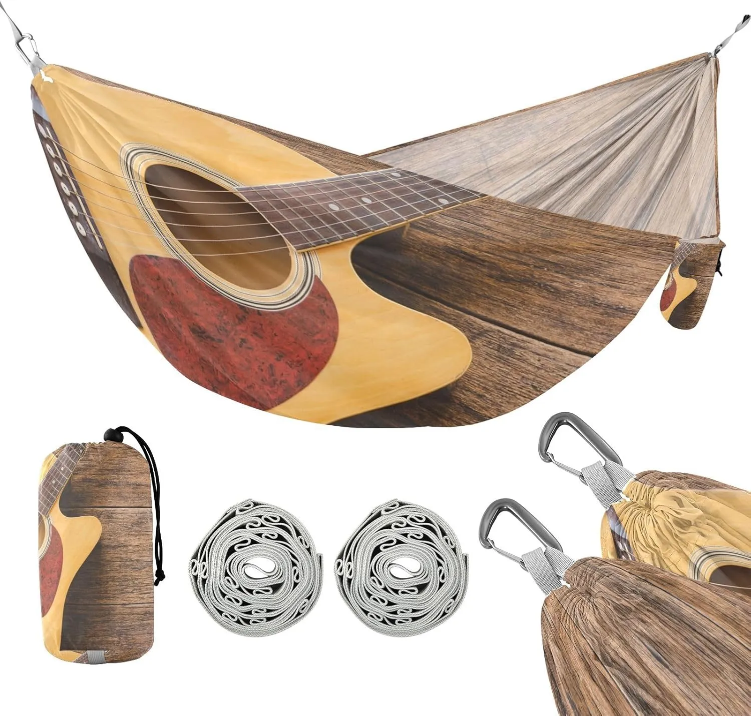 susiyo Portable Camping Hammock Acoustic Guitar on Wood Printed Lightweight Hammock Comfortable Travel Swing with Tree Straps for Camping Hiking Backpacking Travel or Beach - Up to 330lbs