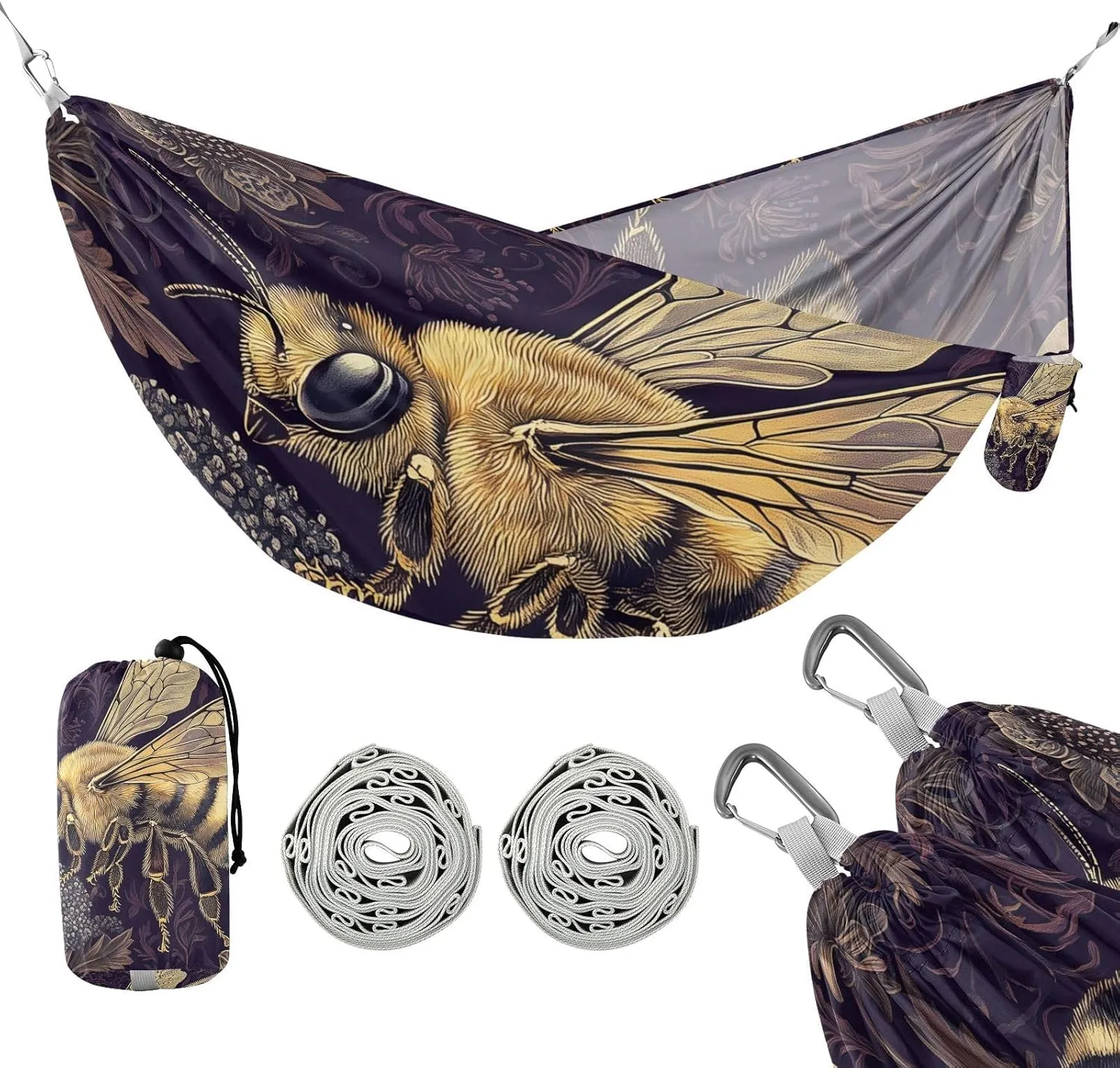 susiyo Portable Camping Hammock Beautiful Honey Bee Printed Lightweight Hammock Comfortable Travel Swing with Tree Straps for Camping Hiking Backpacking Travel or Beach - Up to 330lbs