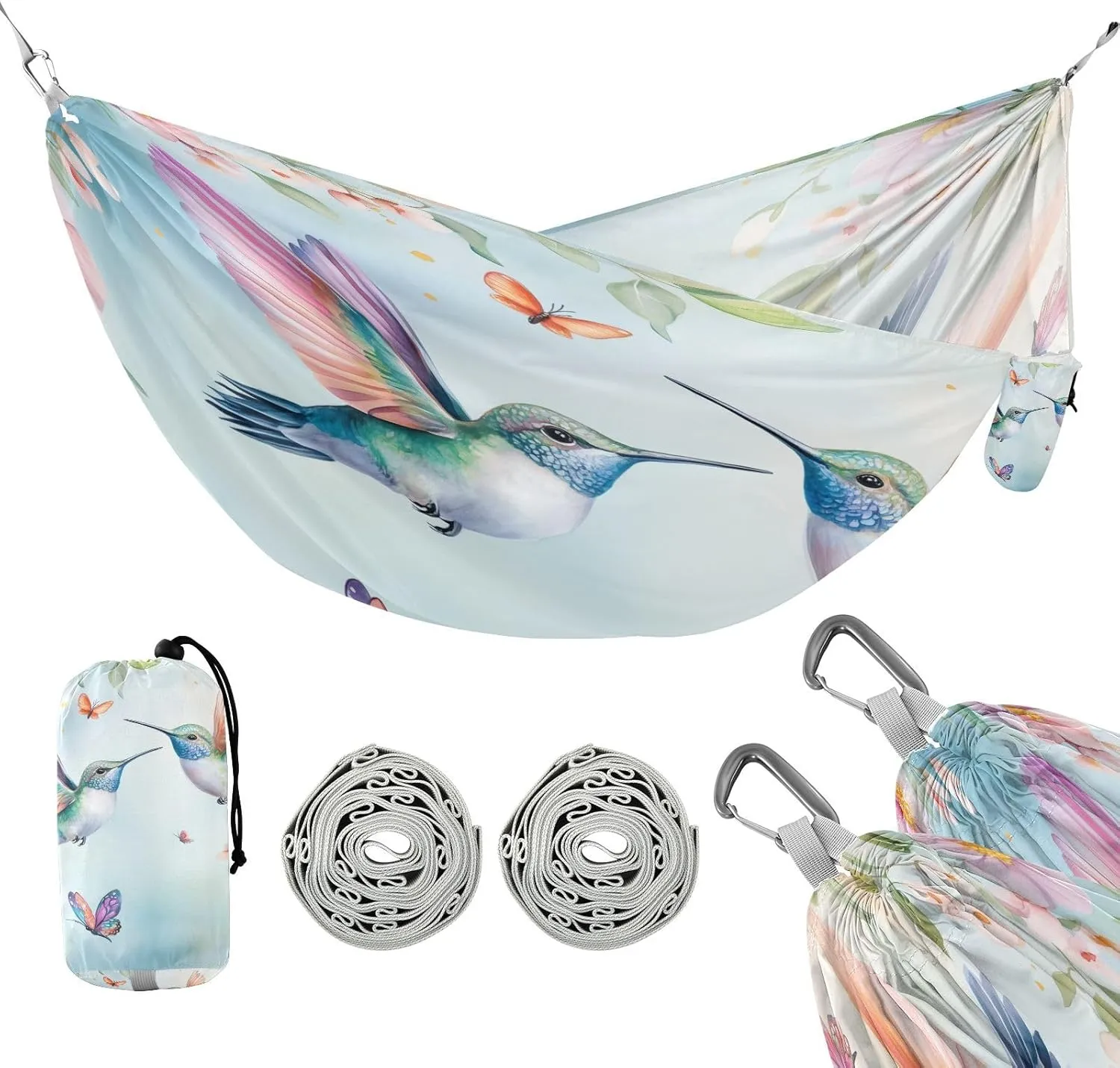 susiyo Portable Camping Hammock Beautiful Hummingbirds Printed Lightweight Hammock Comfortable Travel Swing with Tree Straps for Camping Hiking Backpacking Travel or Beach - Up to 330lbs