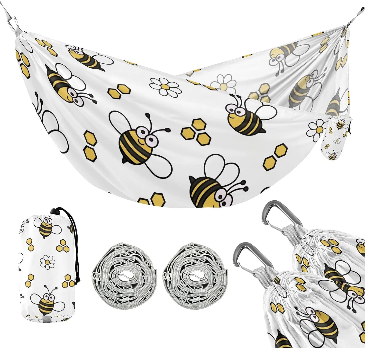susiyo Portable Camping Hammock Cute Yellow Bee Flowers Printed Lightweight Hammock Comfortable Travel Swing with Tree Straps for Camping Hiking Backpacking Travel or Beach - Up to 330lbs