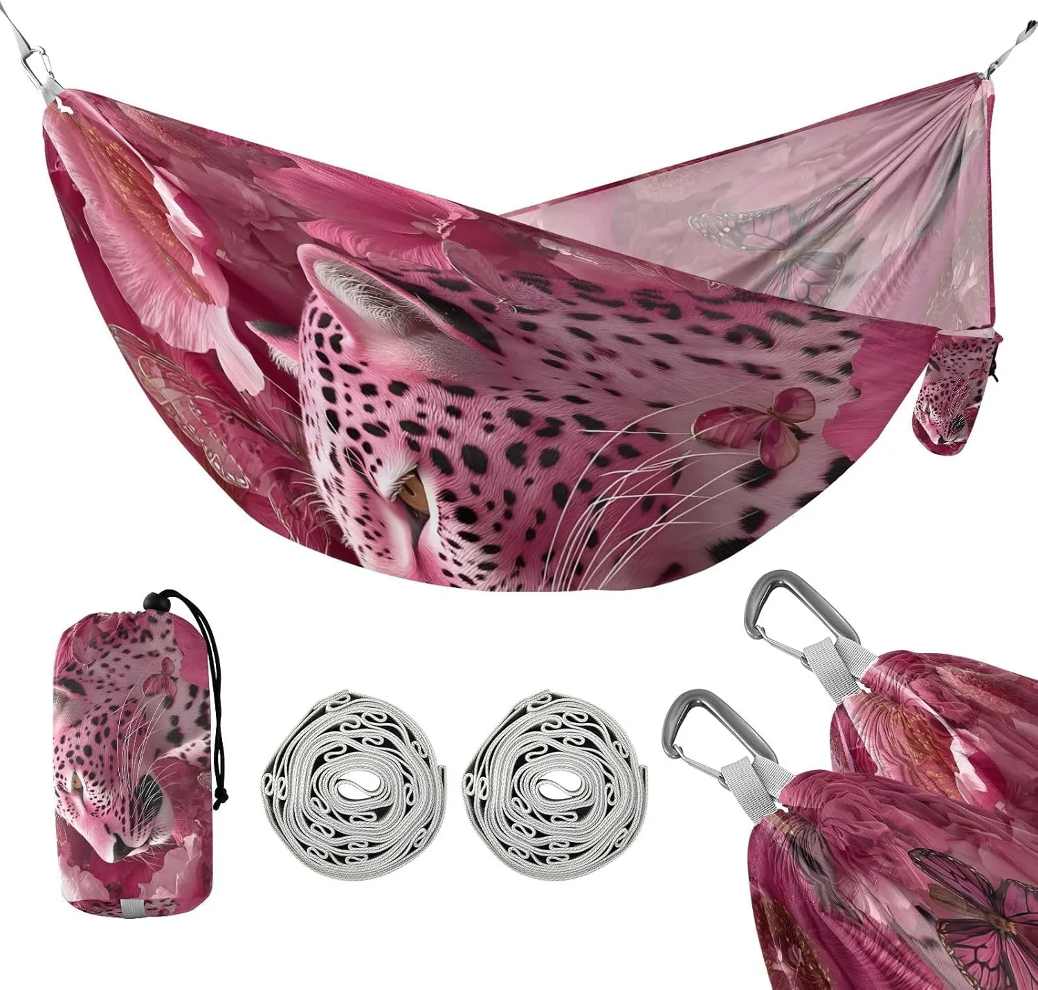 susiyo Portable Camping Hammock Pink Leopard Flower Printed Lightweight Hammock Comfortable Travel Swing with Tree Straps for Camping Hiking Backpacking Travel or Beach - Up to 330lbs