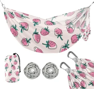 susiyo Portable Camping Hammock Pink Strawberry Printed Lightweight Hammock Comfortable Travel Swing with Tree Straps for Camping Hiking Backpacking Travel or Beach - Up to 330lbs