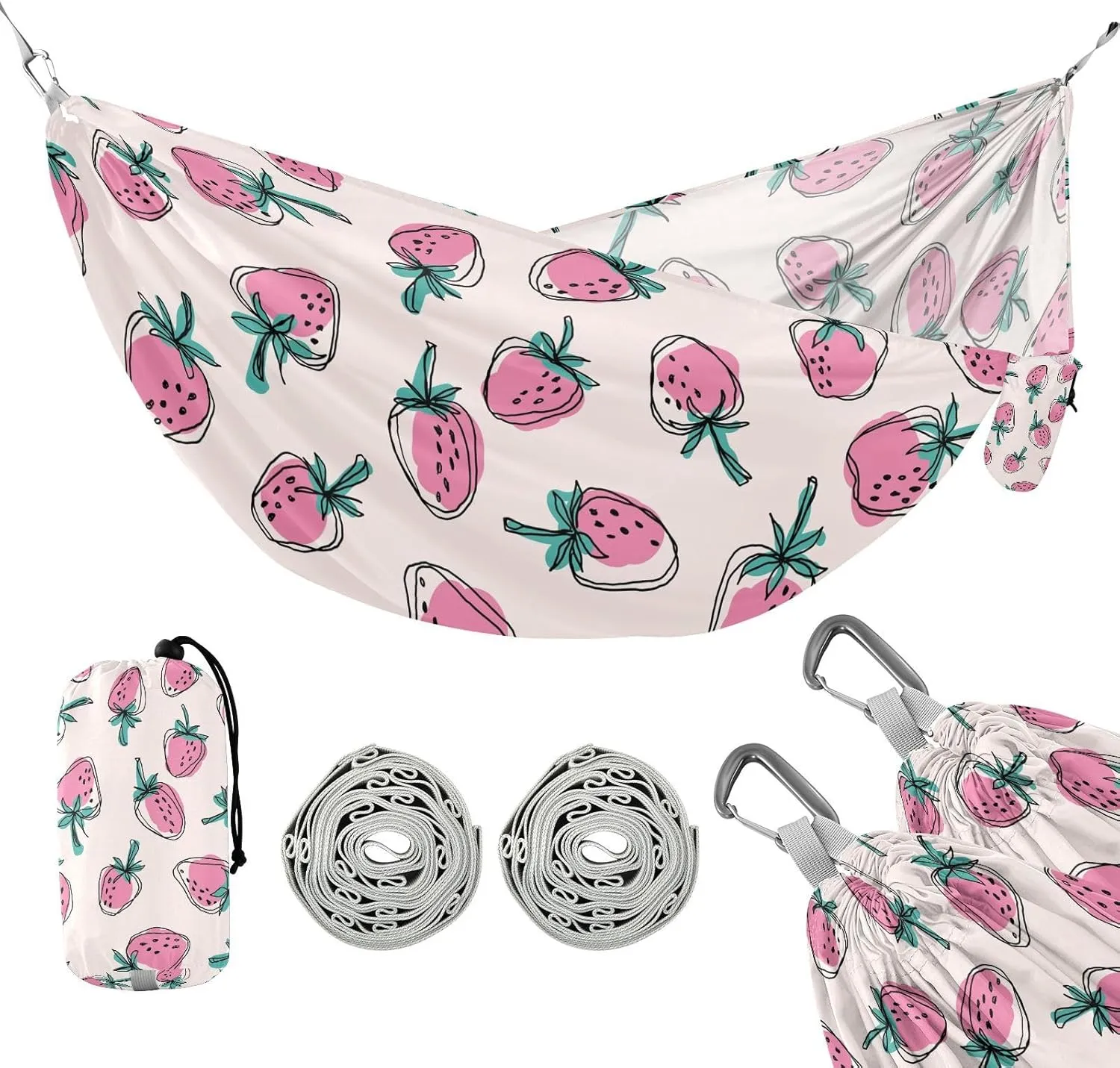 susiyo Portable Camping Hammock Pink Strawberry Printed Lightweight Hammock Comfortable Travel Swing with Tree Straps for Camping Hiking Backpacking Travel or Beach - Up to 330lbs