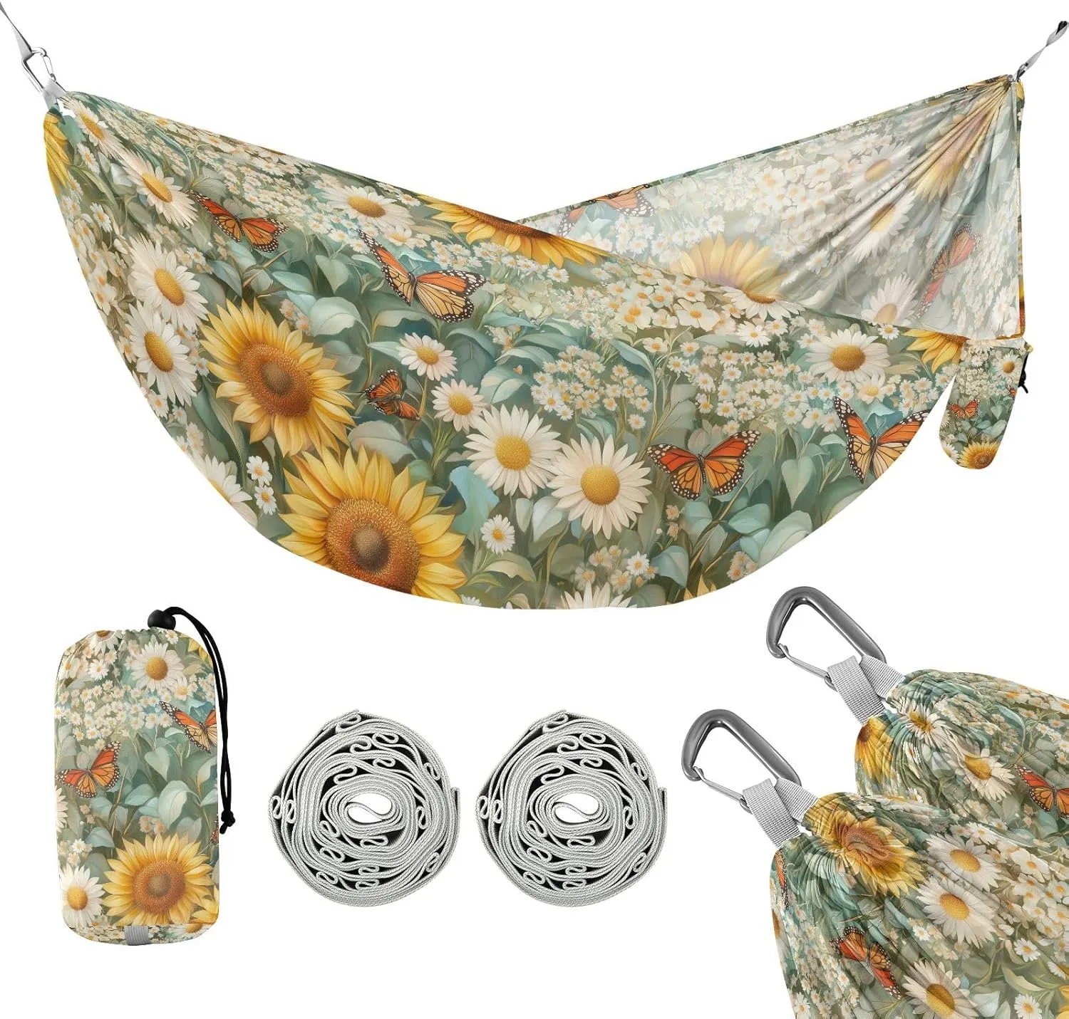 susiyo Portable Camping Hammock Sunflowers Daisies Butterflies Printed Lightweight Hammock Comfortable Travel Swing with Tree Straps for Camping Hiking Backpacking Travel or Beach - Up to 330lbs
