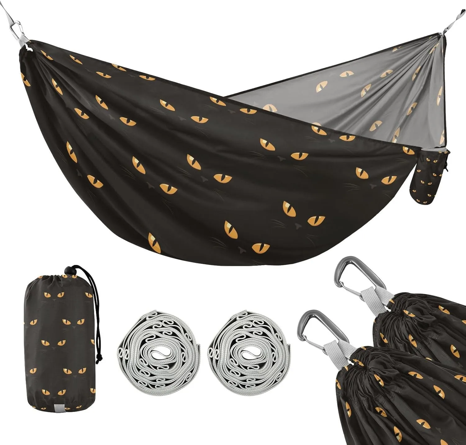 susiyo Portable Camping Hammock Yellow Cat Eyes Printed Lightweight Hammock Comfortable Travel Swing with Tree Straps for Camping Hiking Backpacking Travel or Beach - Up to 330lbs