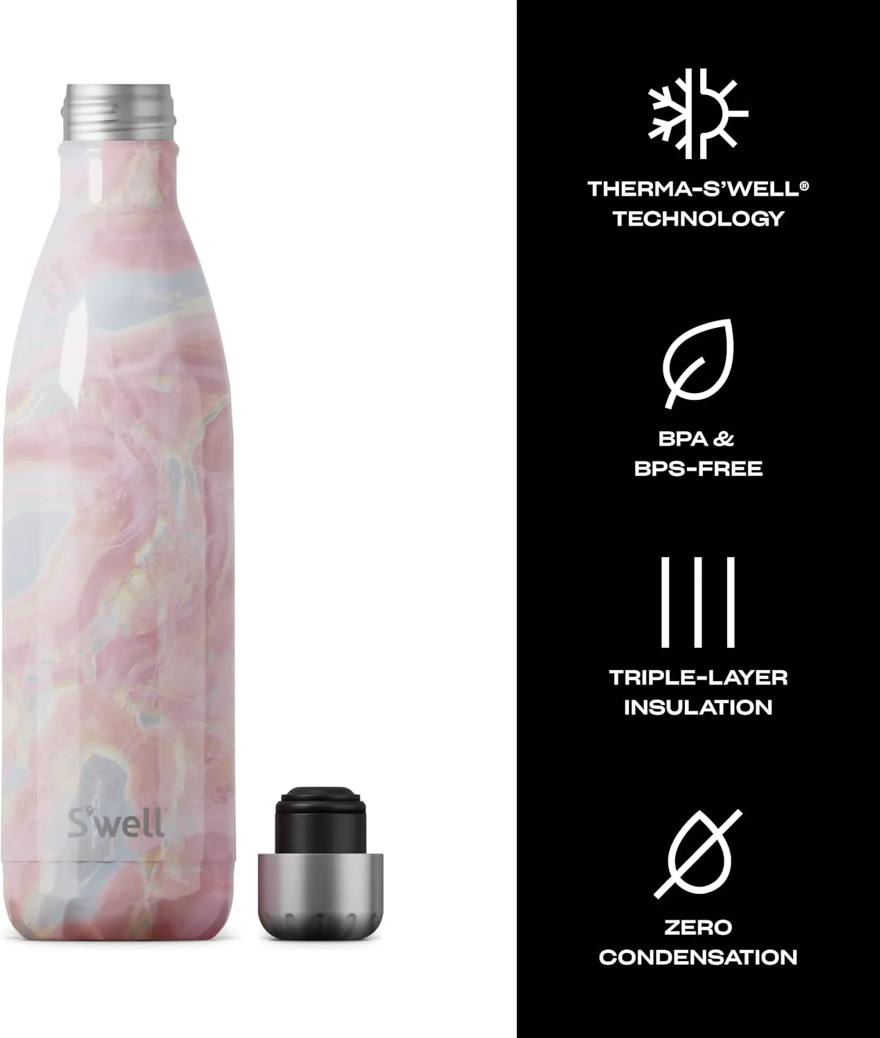 S'well Stainless Steel Water Bottle, 25oz, Geode Rose, Triple Layered Vacuum Insulated Containers Keeps Drinks Cold for 48 Hours and Hot for 24, BPA Free, Perfect for On the Go