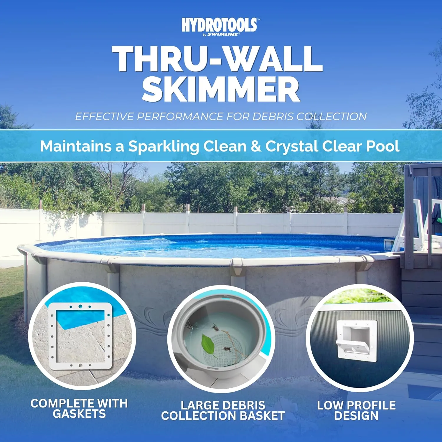 SWIMLINE HYDROTOOLS GREY Standard Thru-Wall Above Ground Pool Skimmer Kit | ABS Construction | Pool Skimmer Kit | Large Debris Basket | Snap-In & Removable Weir | Above Ground Pool Skimmer