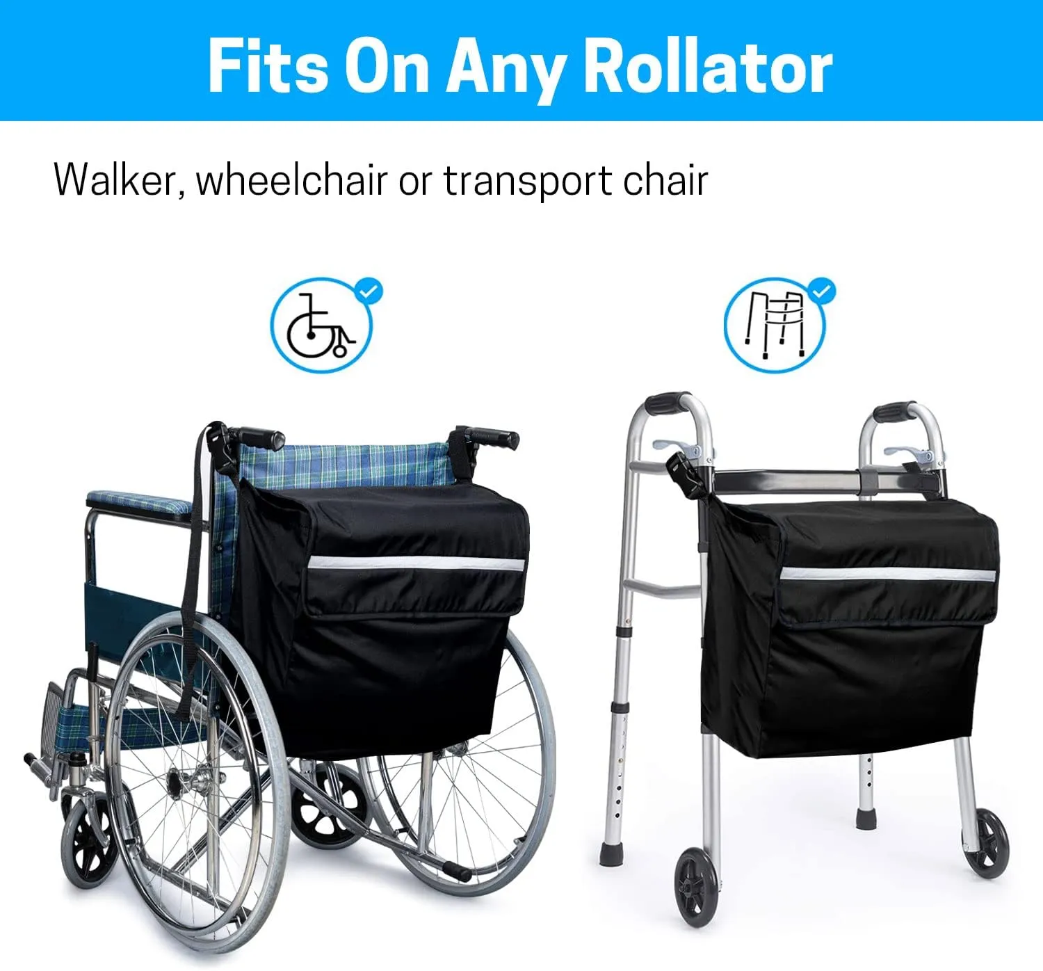 SWISSELITE Wheelchair Bag,Wheelchair Backpack Bag,Wheel Chair Storage Tote Accessory-Large Capacity with Reflective Stripe for Walker Rollator Wheelchair Transport Chair