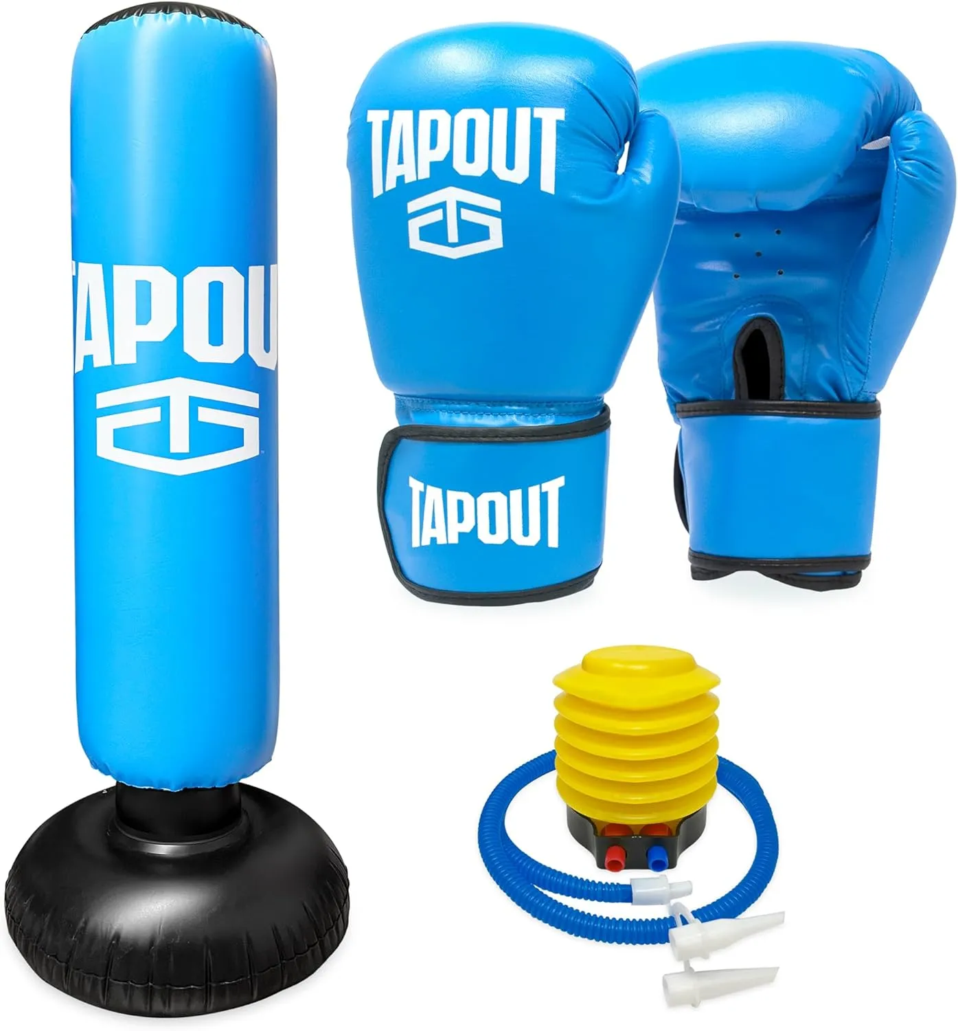TAPOUT Kids Blue Boxing Kit: 8 oz Gloves, Inflatable Punching Bag with Pump, Mesh Carrying Bag Included