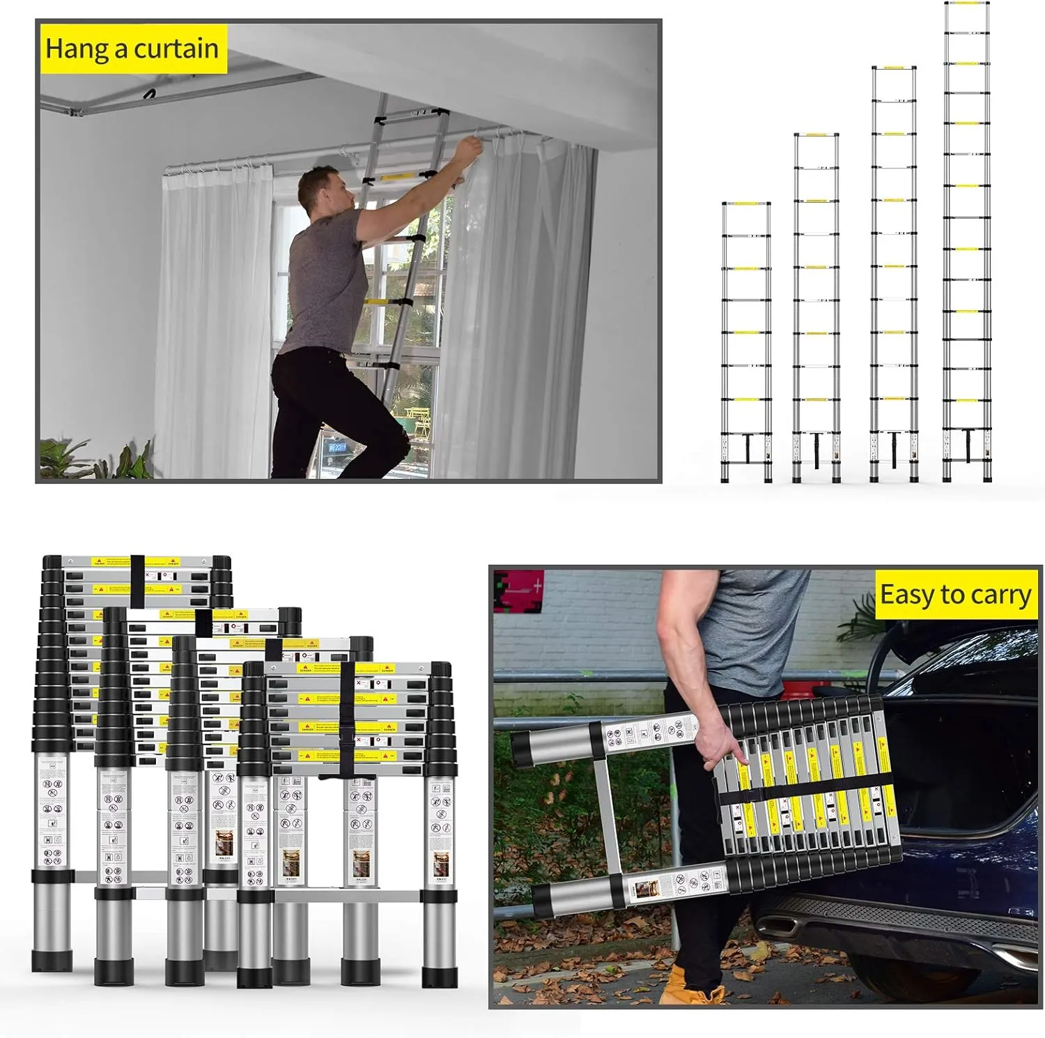 Telescoping Extension Ladder 12.5FT, Aluminum Telescopic Ladders with Carry Bag for Outdoor Indoor Use