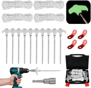 Tent Stakes, Screw-in Metal Ground Pegs Heavy-Duty 10 Pcs 8’’ with Head Luminous, Reflective Ropes 4, Rope Tensioners 4, Socket, Packed in Portable Box, Tent Spikes for Fixing Canopies, Sheds, silver