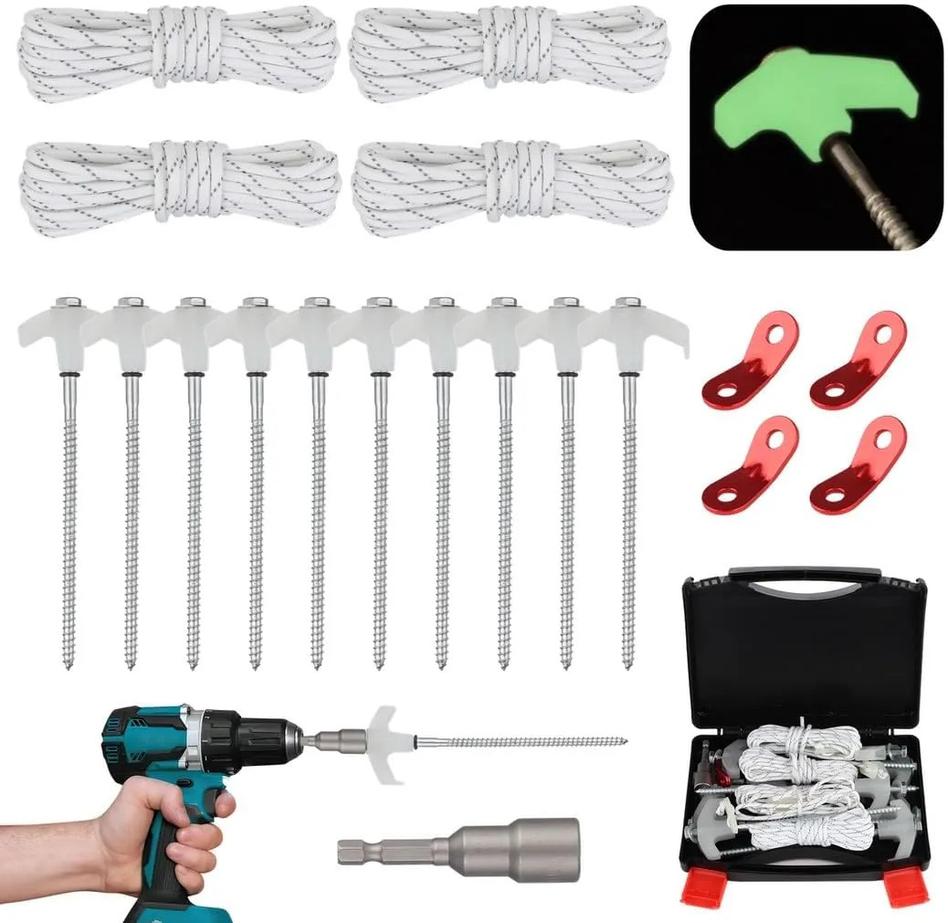 Tent Stakes, Screw-in Metal Ground Pegs Heavy-Duty 10 Pcs 8’’ with Head Luminous, Reflective Ropes 4, Rope Tensioners 4, Socket, Packed in Portable Box, Tent Spikes for Fixing Canopies, Sheds, silver