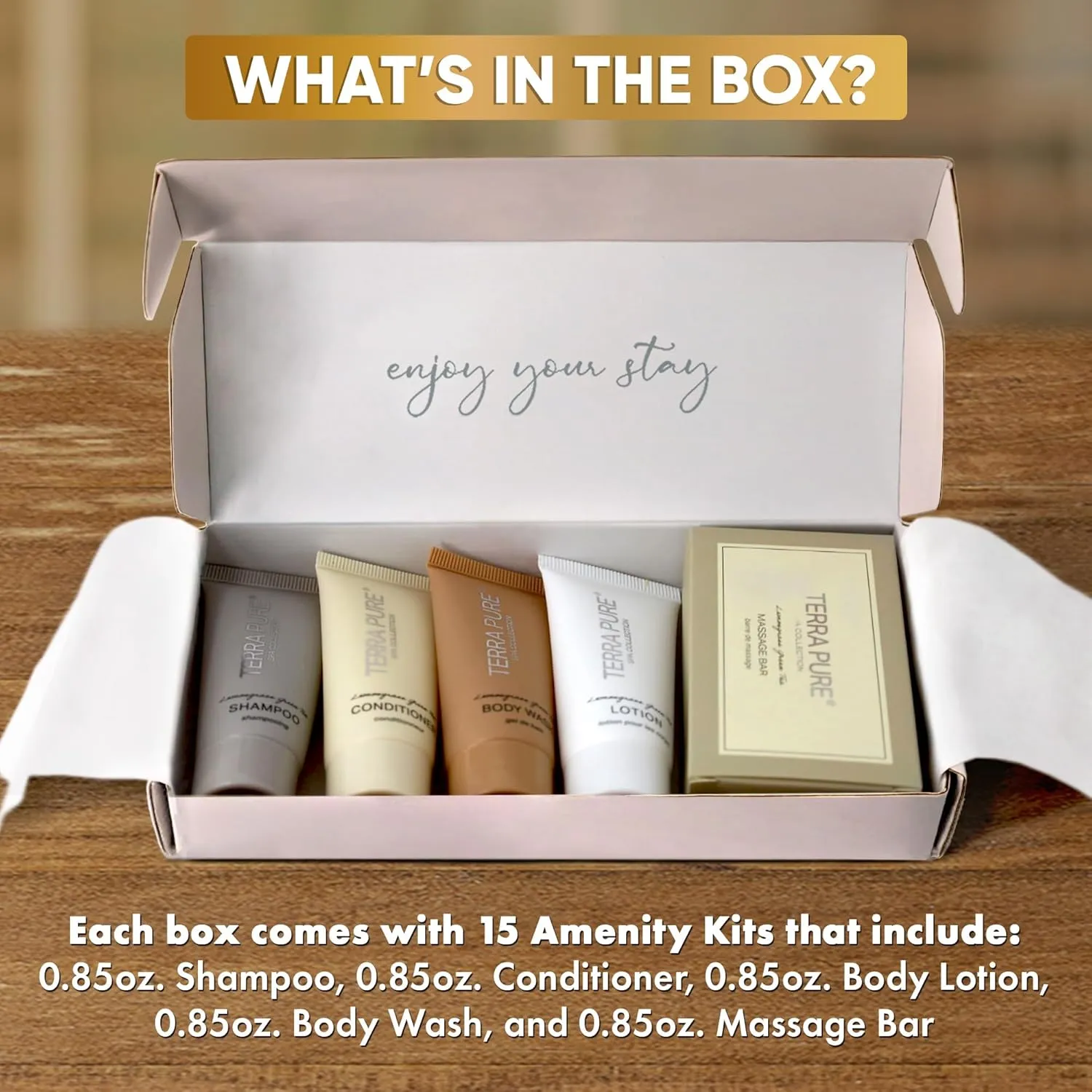 Terra Pure Spa Collection Amenity Kit | Hotel Bulk Toiletries | 0.85 oz Shampoo, Conditioner, Lotion, Body Wash, Massage Bar for Guest Hospitality Vacation Rentals | 15 Sets/Case