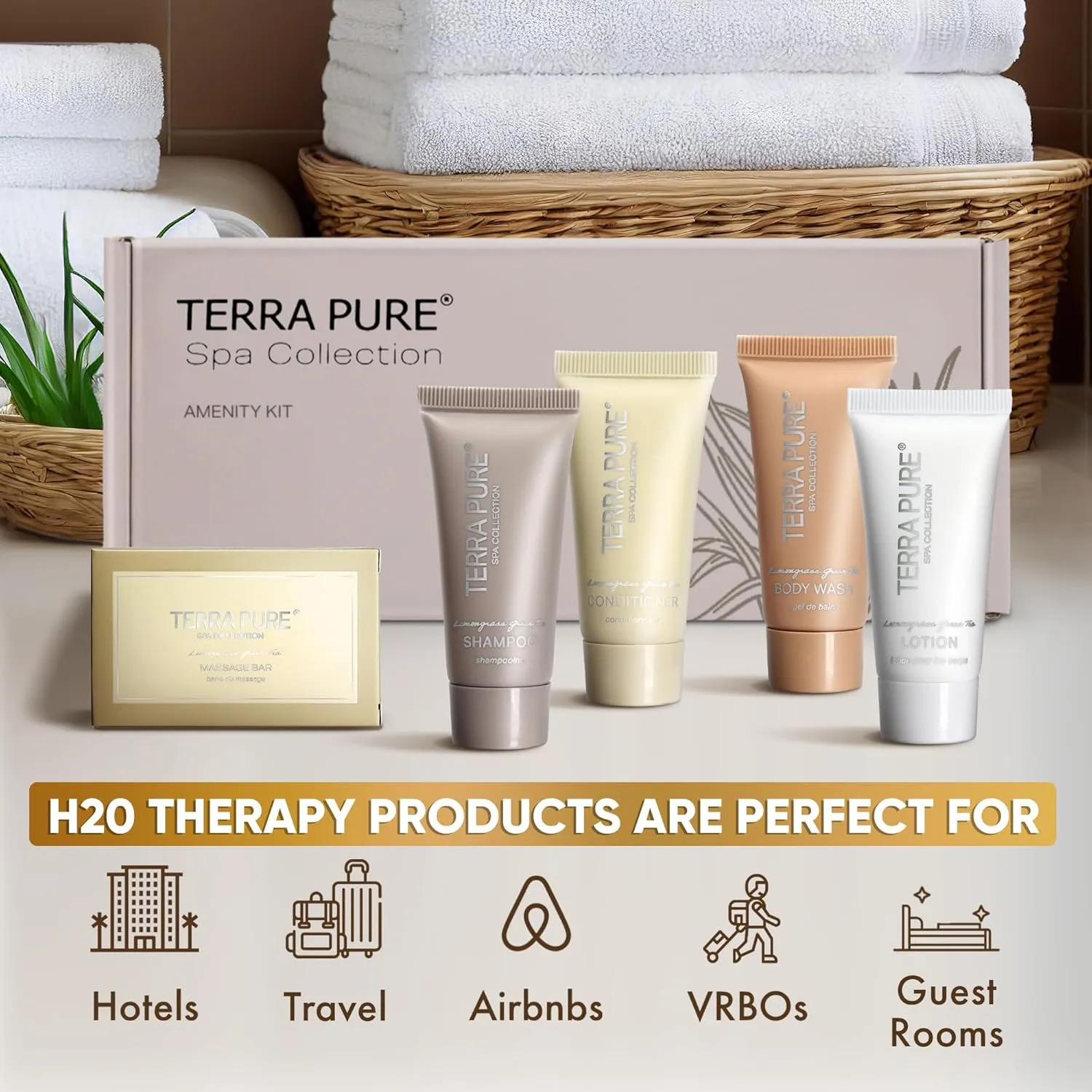 Terra Pure Spa Collection Amenity Kit | Hotel Bulk Toiletries | 0.85 oz Shampoo, Conditioner, Lotion, Body Wash, Massage Bar for Guest Hospitality Vacation Rentals | 15 Sets/Case