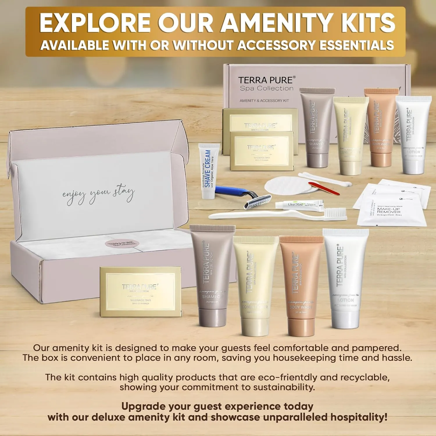 Terra Pure Spa Collection Amenity Kit | Hotel Bulk Toiletries | 0.85 oz Shampoo, Conditioner, Lotion, Body Wash, Massage Bar for Guest Hospitality Vacation Rentals | 15 Sets/Case