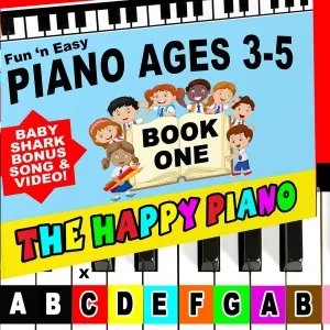The HAPPY PIANO Preschoolers Book & Color keyboard Stickers KIT. Used in preschools across USA! Kids Toddlers Ages 3-5. SO EASY! Beginner music, BABY SHARK lesson video (digital). 25K kids since 2006!