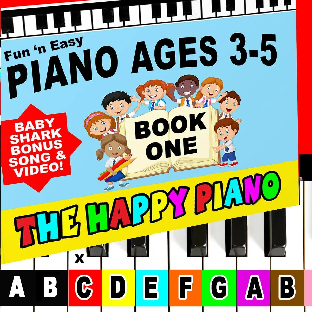 The HAPPY PIANO Preschoolers Book & Color keyboard Stickers KIT. Used in preschools across USA! Kids Toddlers Ages 3-5. SO EASY! Beginner music, BABY SHARK lesson video (digital). 25K kids since 2006!